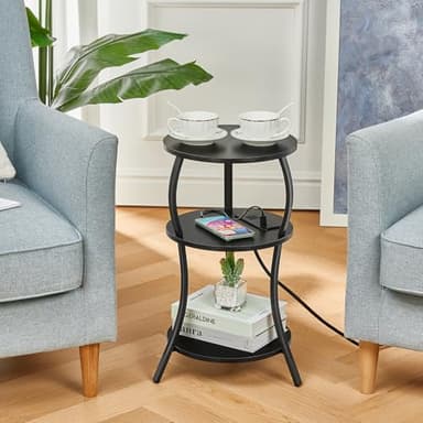 Small Round Side Table with Charging Station, 3-Tier Waist Circular End Table with Storage Shelf, Compact Tea Sofa Side Table Small Spaces, Round Corner Coffee Table for Living Room Bedroon,Black - Image 5