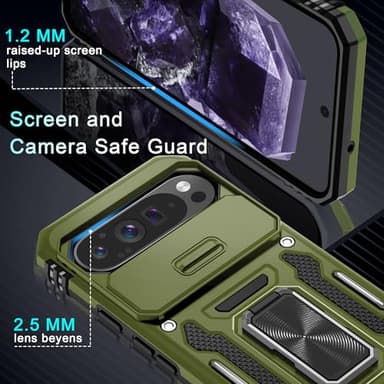 DEERLAMN Case for Google Pixel 9 Pro XL with Slide Camera Cover+Screen Protector(1 Pack), Rotated Ring Kickstand Military Grade Shockproof Protective Cover-Olive Green - Image 5