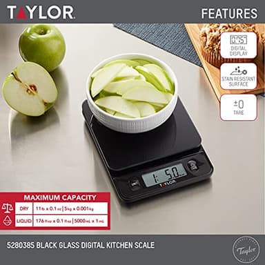 Taylor Glass Top Food Scale with Touch Controls, 11 lb Capacity, Sleek Black Design for Precision Food Measurement in Grams and Ounces - Image 2