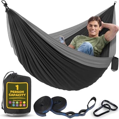 Durable Hammock 400 lb Capacity, Nylon Camping Hammock Chair - Double or Single Sizes w/Tree Straps and Attached Carry Bag - for Travel/Backpacking/Beach/Backyard (Medium, Black & Light Grey) - Image 1
