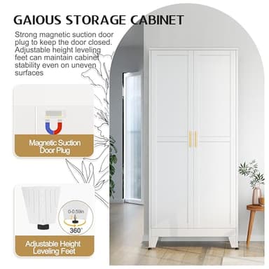 GAIOUS 71" Tall Metal Storage Cabinet with 2 Doors and 4 Adjustable Shelves, Kitchen Pantry Cabinet White Freestanding Cupboard, 5 Tier Multifunctional Steel Storage for Office, Kitchen, Dining Room - Image 9