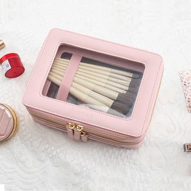 Aveniee XL Clear Makeup Organizer,Double Layer Travel Cosmetic Case with Brush Holder & Zippered Compartments,Big Toiletry Bag for Travel Accessories,2 Layers Large,Pink - Image 5