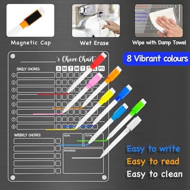 PigPotParty Acrylic Magnetic Chore Chart for Kids on Fridge – 2 Pack 9.5"x12" Weekly Dry Erase Chore Board with 8 Fine Tip Colorful Markers and 1 Towel – for Multiple Kids, Teens and Family - Image 3