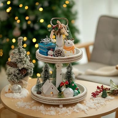 Hanobe Two Tiered Tray Stand: Farmhouse 2 Tier Easter Decorative Trays White Round Serving Wood for Home Decor Living Room Coffee Table Centerpieces Kitchen Gift - Image 7