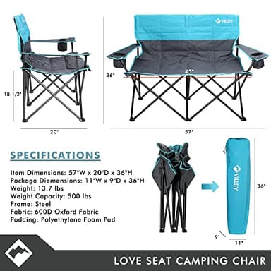 VILLEY Double Camping Chair, Extra Wide Loveseat, Heavy Duty Padded Camping Couch, Portable Folding Camp Chair w/Carry Bag, Steel Frame, Cup Holders for Camping Lawn Picnic Sports, Supports 500 LBS - Image 2