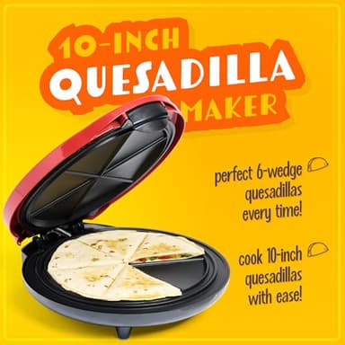 Taco Tuesday Deluxe 10-inch 6-Wedge Electric Quesadilla Maker with Extra Stuffing Latch, Red - Image 2