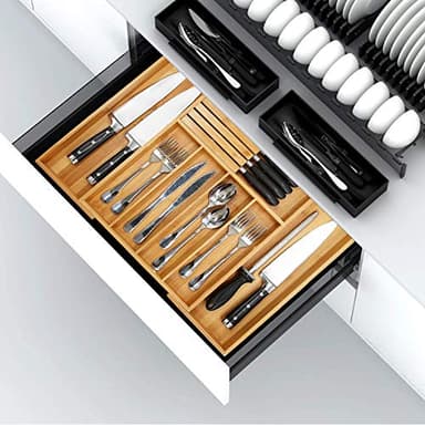 VaeFae Bamboo Silverware Drawer Organizer Kitchen, Expandable Utensil Organizer with Knife Block, Cutlery Tray with Divider, Multifunctional Wooden Drawer Organizer - Image 6