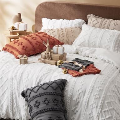 Bedsure Tufted Boho Comforter Set Queen Size - Bright White Boho Bed Set, GentleSoft™ 3 Pieces Farmhouse Shabby Chic Embroidery Bedding, Gifts for Woman, Soft Jacquard Queen Comforter for All Seasons - Image 6