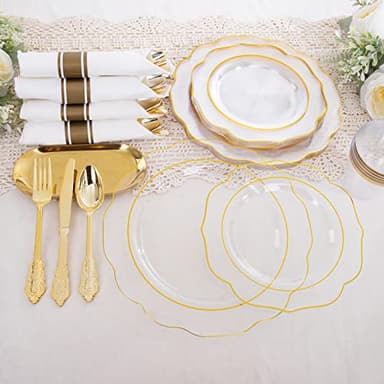 NOCCUR 50Guest Gold Rim Clear Plastic Plates&Disposable Silverware Cups-Include 100Plastic Plates, 150Gold Utensils, 50Cups and 50Napkins-Idea for Wedding&Party - Image 4