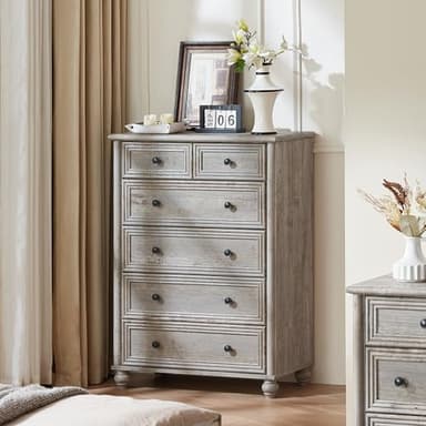 RWYHG Farmhouse 6 Drawer Dresser, 15.75" D x 31.5" W x 43.5" H Chest of Drawers for Bedroom, Grey Tall Dresser with 4 Solid Wood Feet, Wood Storage Dressers Organizer for Living Room Hallway Closet - Image 1