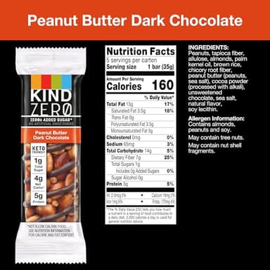 KIND ZERO Added Sugar Bars, Keto Snack, Peanut Butter Dark Chocolate, Good Source of Fiber, Gluten Free, Low Sugar, 5g Protein, 30 Count - Image 2