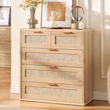 LEYAOYAO Rattan Dresser for Bedroom, 33.5" Tall Chest of Drawers, Modern 5 Drawers Boho Dressers with Storage, Light Oak Dresser Wooden Closet Organizer for Living Room, Hallway, Natural Wood - Image 9