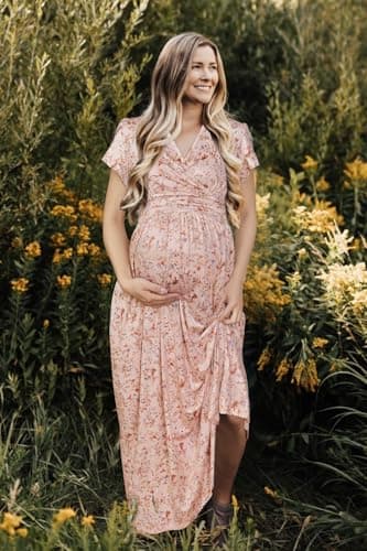 OUGES Maternity Maxi Dress Wrap V Neck Baby Shower Pregnancy Dresses for Photoshoot Summer Maternity Clothes 2025(Apricot Pink Floral,M) - Image 3