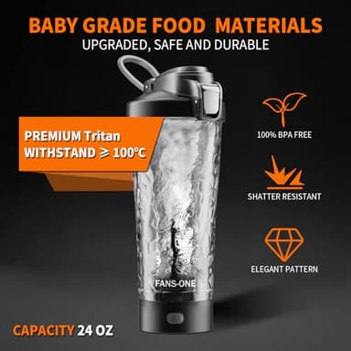 FANS-ONE Premium Electric Protein Shaker Bottle, 24 oz Lockable Blender Shaker Bottles, Made with Tritan, BPA Free, USB Rechargeable Mixer Blender Cup for Protein Shakes, Black - Image 7