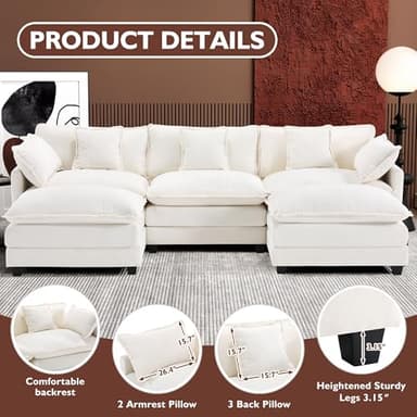 Ihanherry 111.4" U Shaped Cloud Couch Modern Modular Sectional Sofa with 2 Ottoman, 5-Seat Chenille Deep Seat Sofa with 5 Pillows for Living Room, Bedroom and Apartment, Beige - Image 3