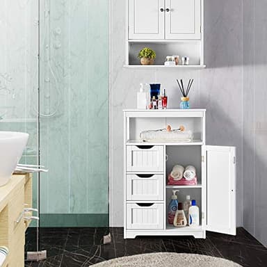Yaheetech Bathroom Floor Cabinet Wooden Storage Organizer with 1 Door and 3 Drawers, Free-Standing Cupboard for Kitchen/Living Room/Bathroom Use, White - Image 2