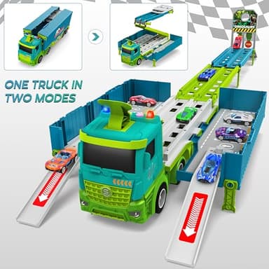 Carrier Truck Race Track Toddler Toys, Foldable 3 Layer Toddler Track Playset, Dinosaur Toy Truck Transport Car Carrier & 8 Race Cars, Truck Car Kids Toy Gifts for Age 3 4 5 6+ Year Old Boys Girls - Image 5