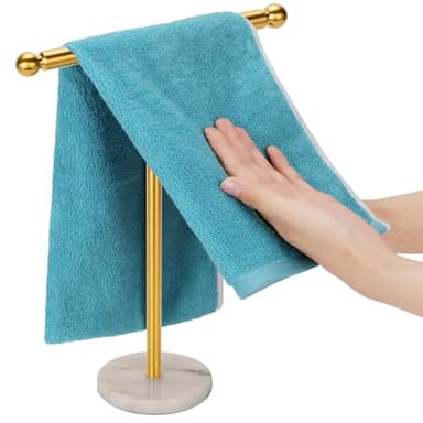 Kalitro Gold Towel Rack with Heavy Marble Base, Free Standing Hand Towel Holder Stand for Bathroom Stainless Steel T-Shape Brushed Gold - Image 1