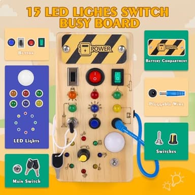 Montessori Wooden Busy Board with 8 LED Light switches, Sensory Toys Light Switch Travel Toys for 1+ Year Old Baby and Toddler - Image 2