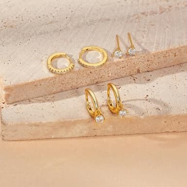 Freekiss Gold Stud Earrings for Women, Dainty Earring Set Simple Tiny 14K Gold Filled CZ Hypoallergenic Huggie Dangle Hoop Earrings Fashion Jewelry for Women Trendy Gifts - Image 6
