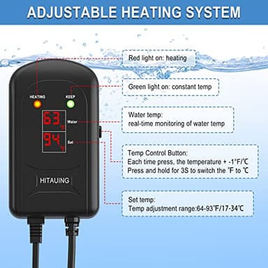 HiTauing Aquarium Heater, 500W Fish Tank Heater with LED Digital Display & 5 Safety Protection, Submersible Aquarium Heater with 2 Suction Cup and 8.2Ft Cord for 75-120 Gallon Fish Tank. - Image 4