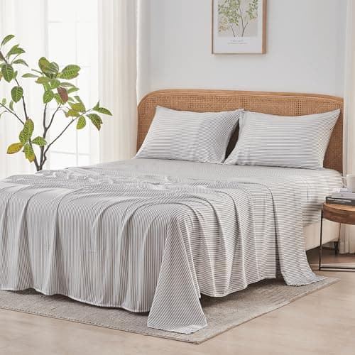 Sijo AiryWeight Tencel Sheet Set, 100% Lyocell Derived from Eucalyptus, Buttery Soft, Architectural Digest 2022 Best Cooling Sheets Winner - 4pc - 2 Pillowcases 1 Fitted 1 Top (Stripe, King) - Image 1