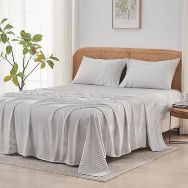Sijo AiryWeight Tencel Sheet Set, 100% Lyocell Derived from Eucalyptus, Buttery Soft, Architectural Digest 2022 Best Cooling Sheets Winner - 4pc - 2 Pillowcases 1 Fitted 1 Top (Stripe, King) - Image 1