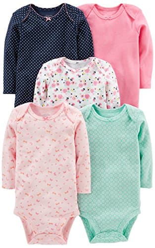 Simple Joys by Carter's Baby Girls' 5-Pack Long-Sleeve Bodysuit, Mint Green/Navy Dots/Pink/Butterflies/Floral, 12 Months - Image 1