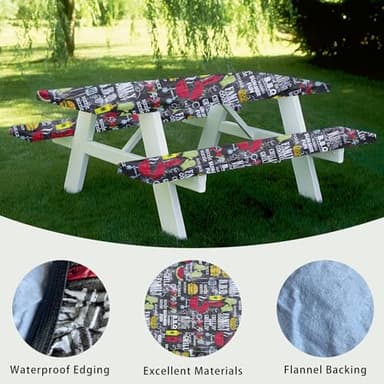 XUANQIFC Picnic Table Cover with Bench Covers, 3 Pcs 72" Outdoor Waterproof Tablecloth with Elastic Edges and Flannel Backing Rectangle Tablecloth for RV BBQ Camping 6 Foot Tables (Black 72" x 30") - Image 4
