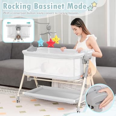 Rocking Baby Bassinet, Bedside Bassinet for Baby, 3 in 1 Bedside Sleeper with Musical Toys, Storage Basket and Wheels, Adjustable Bedside Crib for Newborn, White - Image 2