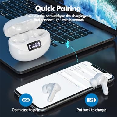 Bcaikair Wireless Earbuds, Bluetooth Headphones 5.3 HiFi Stereo, Wireless Earphones with ENC Noise Cancelling Mic, LED Digital Display in Ear Buds White - Image 5