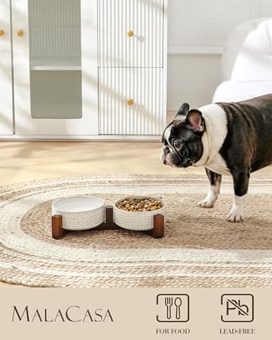 MALACASA Dog Bowl Set with Walnut Wood Stand, 1.5 Cups Ceramic Pet Bowls for Puppy Dogs, Dual Food and Water Bowls with Weighted Non-Slip Base, Basic Bowls for Your Dog or Cat, Rhombic & Polka Dots - Image 3