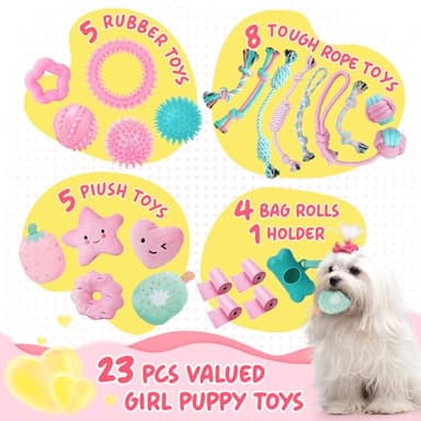 XIUGOAL Pink Puppy Toys for Boredom - 23 Pack Puppy Chew Toys for Teething, Interactive Dog Toys for Puppies, Cute Small Dog Toys with Treat Ball, Squeaky Dog Chew Toys and Ropes - Image 3
