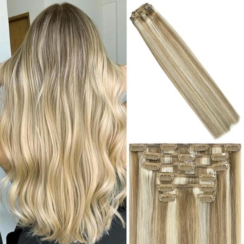 WindTouch Clip in Hair Extensions 115g Real Human Hair Blonde Hair Extensions #18p613 Mixed Bleached Blonde Thicker 7pcs 22inch - Image 1