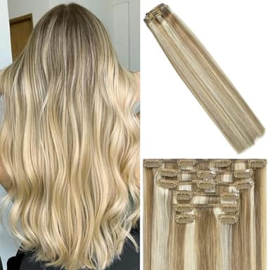 WindTouch Clip in Hair Extensions 115g Real Human Hair Blonde Hair Extensions #18p613 Mixed Bleached Blonde Thicker 7pcs 22inch - Image 1