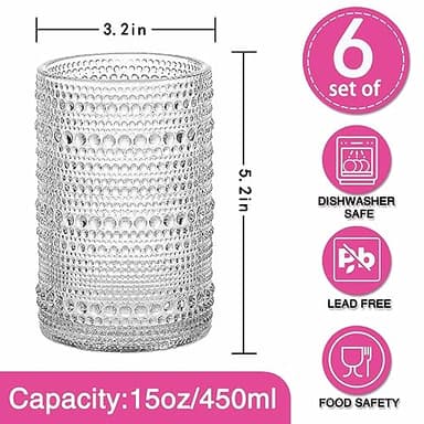 Consou Large Glasses Set of 6, 15 oz Hobnail Glassware Thick Glass Heavy Base - Image 2