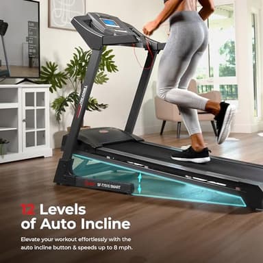 Sunny Health & Fitness Premium Smart Treadmill with Auto Incline, Dedicated Speed Buttons, Double Deck Technology, Digital Performance Display, BMI Calculator and Pulse Sensors - SF-T7515SMART - Image 2