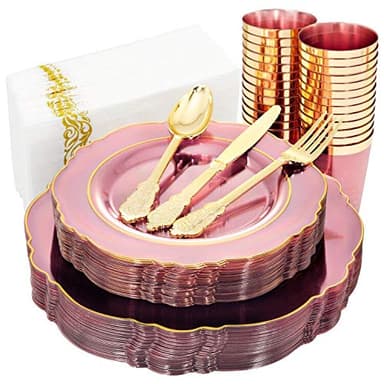 KIRE 210Pcs Clear Pink Plastic Plates with Gold Rim - Disposable Gold Silverware &Pink Cups&Hand Napkin - Plum Colored Plastic Dinnerware for Upscale Wedding - Image 1