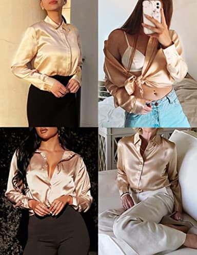 HOTOUCH Silk Shirts for Women Satin Blouse Long Sleeve Button Down Tunic Shirt Work Office Dressy Tops Khaki M - Image 3
