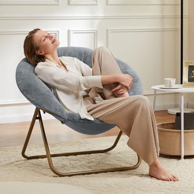 Sweetcrispy Cozy Saucer Chairs Faux Fur Living Room Reading Lounge Furniture Folding Comfy with Soft Thick Padded Seat Metal Frame Modern Style for Bedroom Home Adults, X-Large, Grey - Image 2