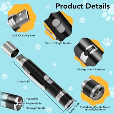 Waputne Cat Toy Pointer, 2 Pieces, USB Rechargeable with 7 Adjustable Patterns, Interactive Chase Toys for Indoor Cats & Dogs, Training & Exercise Fun (Black) - Image 7