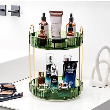Weidace 360 Rotating Makeup Organizer for Vanity, Bathroom Countertop Spinning Perfume Organizer, High-Capacity Cosmetic and Skincare Dresser Make Up Holder Rack (2 Tiers, Green) - Image 2