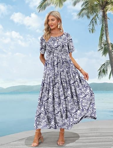 YESNO Women Casual Loose Bohemian Floral Dress with Pockets Short Sleeve Long Maxi Summer Beach Swing Dress 4XL EJF CR148 - Image 3