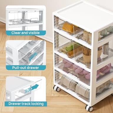 Vtopmart Plastic Drawer Storage Orangizer, 4 Tier 6 Drawers with Wheels for Office Supplies, Art Crafts, Under Desk Storage for Office, Bathroom, Dresser, 1 Pack/Clear - Image 8