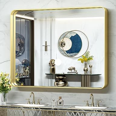 TokeShimi 48x40 Inch Brushed Gold Bathroom Vanity Mirror for Wall with Non-Rusting Aluminum Alloy Metal Frame Rounded Corner for Farmhouse Modern Home Decor (Horizontal/Vertical) - Image 1