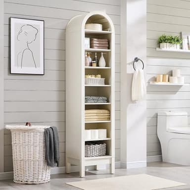 IFGET 71" Tall Arched Bookshelf, 8 Tiers Arch Bookcase with Storage, Modern Farmhouse Book Shelf with Adjustable Shelves, Wood Bookshelf w/Open Display Shelves for Living Room, Office (Antique White) - Image 6