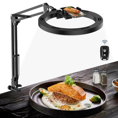 Overhead Camera Mount with Ring Light Phone Holder,10" LED Ring Light for Desk with Stand and Remote for iPhone,Phone Tripod with Light for Video Recording TikTok Live Stream Cooking Kitchen Vlogging - Image 1