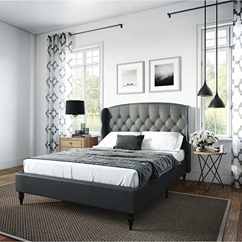 Decoro Coventry Upholstered Platform Bed | Headboard and Metal Frame with Wood Slat Support | Grey, Queen Size - Image 1