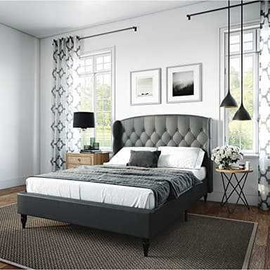 Decoro Coventry Upholstered Platform Bed | Headboard and Metal Frame with Wood Slat Support | Grey, Queen Size - Image 1
