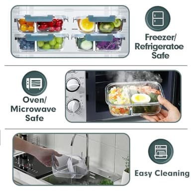 VERONES 10 Pack Glass Meal Prep Containers 2 Compartment Set, 30 OZ Airtight Glass Lunch Containers, Glass Food Storage Containers with Lids, for Microwave, Oven, Freezer & Dishwasher Friendly,Grey - Image 3